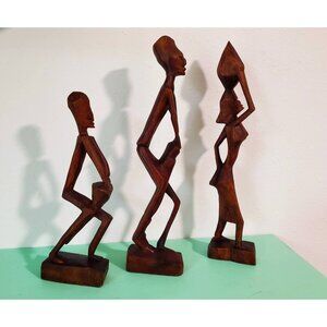 Folk Art Hand Carved Drummers & Woman, Wood Figurines